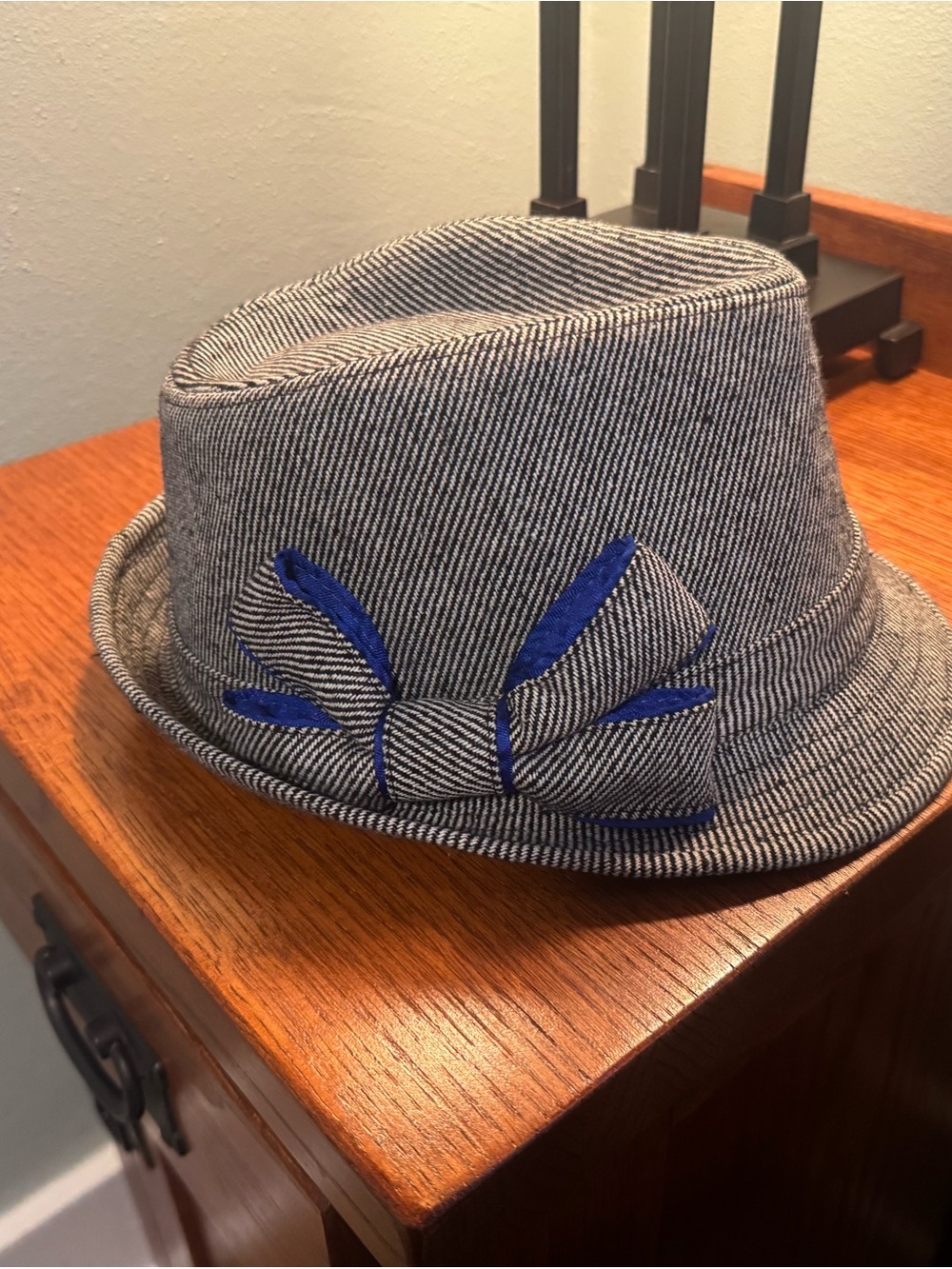 Gray Pinstripe Fedora with Blue Accent Bow - Women’s Hat